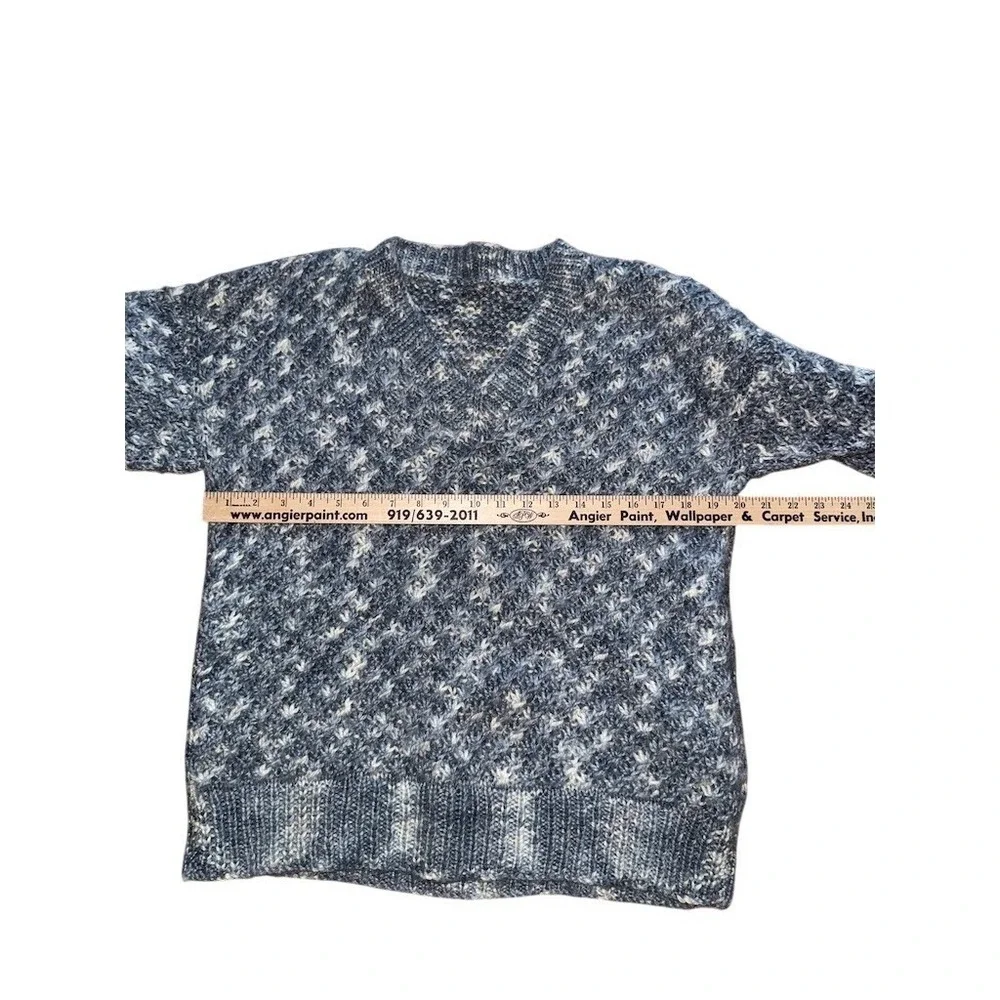Handmade Crochet Sweater unisex XL Blue/Gray White Speckled V-Neck Pullover cozy